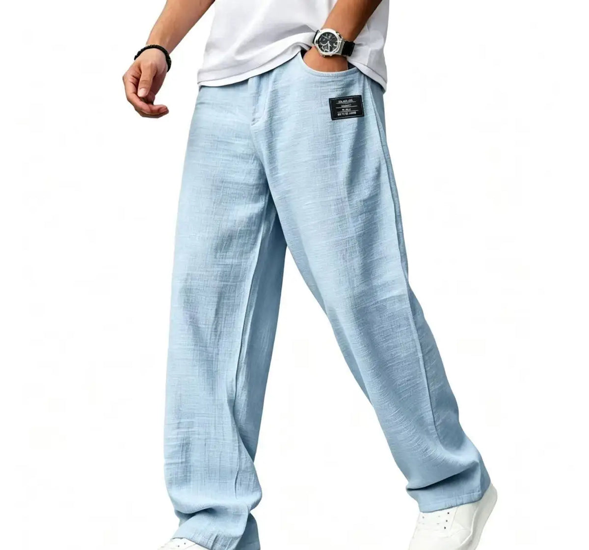 מכנסיים במראה פשתן בצבע תכלת